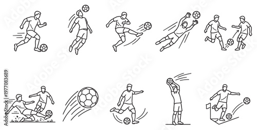 A collection of simple line art icons depicting various soccer actions performed by players, including kicking, heading, and goalkeeping, ideal for sports graphics and concepts.
