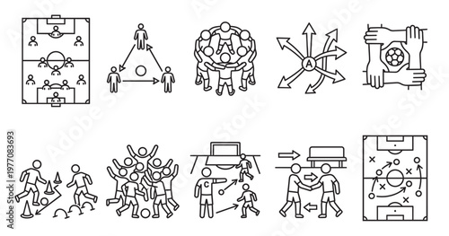 A collection of simple line art icons illustrating various soccer formations, team strategies, drills, and concepts, ideal for sports or business presentations.