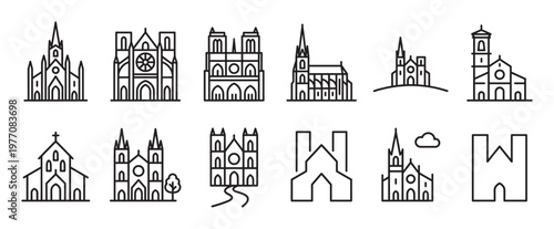 Collection of various outline church and cathedral icons, showcasing different architectural styles and religious buildings
