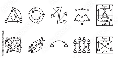 A collection of minimalist line art icons illustrating strategic concepts, flow diagrams, group interactions, and sports tactics on a white background.