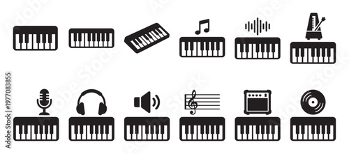 Collection of black and white keyboard icons with various musical symbols and instruments, presented in a clean, graphic style