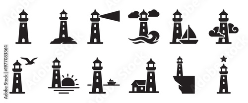 Collection of various black silhouette lighthouse icons depicting different nautical scenes and elements in a simple graphic style