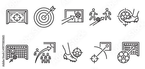 A collection of clean line art icons representing various aspects of soccer, including goals, a dartboard target, players, and a soccer ball in different action poses.