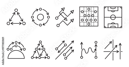 Collection of abstract line art icons illustrating various strategic diagrams, including player formations, movement patterns, and soccer field plays with circles and arrows on a white background.