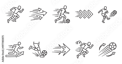 Set of simple line art icons depicting a soccer player in various motion poses, including running, kicking, and the trajectory of a soccer ball.