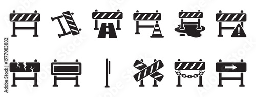 Comprehensive collection of black and white construction barrier icons, depicting various roadwork and hazard symbols in a clean, graphic style