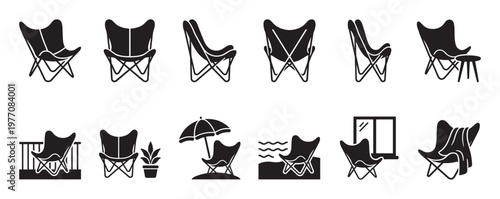 Collection of black butterfly chair icons in various positions and settings, depicted in a minimalist graphic style