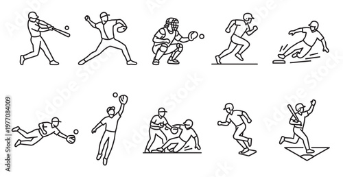 A collection of line art icons depicting various baseball actions including pitching, batting, catching, running, and sliding on a clean white background.