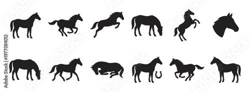 Various black horse silhouettes in different poses including standing, running, jumping, and grazing, creating a dynamic graphic collection