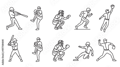 Collection of ten simple line art illustrations depicting various baseball player actions, including batting, pitching, catching, running, and sliding on a white background.