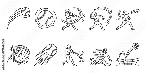 A set of simple black and white line art illustrations depicting various baseball game actions like pitching, batting, catching, and sliding for dynamic sports themes.