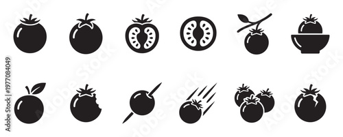 Collection of black silhouette tomato icons showcasing whole, sliced, bitten, and falling tomatoes, perfect for food-related designs