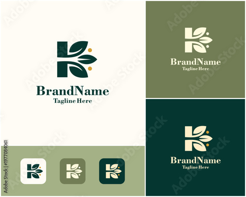 Letter K Abstract Leaf Nature Leaves Green Luxury Minimalist Vector Logo Design Illustration
