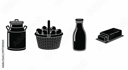 Dairy Farm Products Black Silhouette Icons Set 