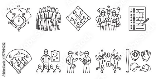 A collection of minimalist line art icons depicting baseball strategy, teamwork, training, and equipment, perfect for sports-themed content.