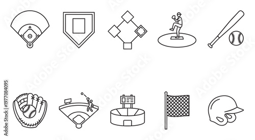 A clean line art collection of baseball elements including a field, pitcher, bat, ball, glove, stadium, and helmet for sports and leisure themes.