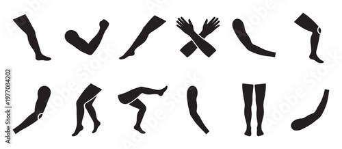 Various black silhouettes of human limbs, including arms, hands, and legs, are arranged in different poses on a clean white surface