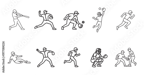 A collection of black and white line art icons depicting various baseball player actions, including batting, pitching, catching, running, and sliding.