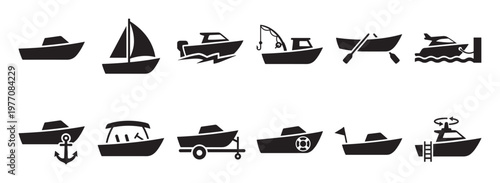 Various black silhouette boat icons are neatly arranged in two rows, showcasing different types of watercraft and related symbols