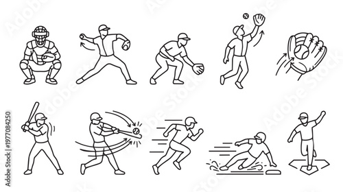 A collection of simplified line art icons illustrating various baseball actions including pitching, catching, batting, running, and sliding on a white background.