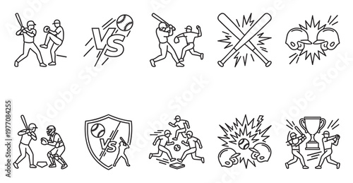 A collection of simple black line art icons depicting various baseball game actions and elements, perfect for sports graphics and designs.