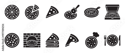 Collection of black and white pizza icons showcasing various forms, from whole pies to slices and cooking tools, presented in a clean graphic style