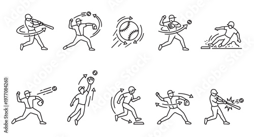 A collection of black and white line art icons illustrating various baseball actions and movements for batters, pitchers, and fielders.