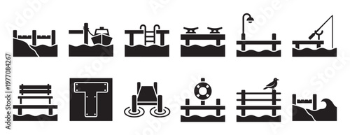 Collection of various black silhouette dock and pier icons, depicting different structures over water in a graphic style