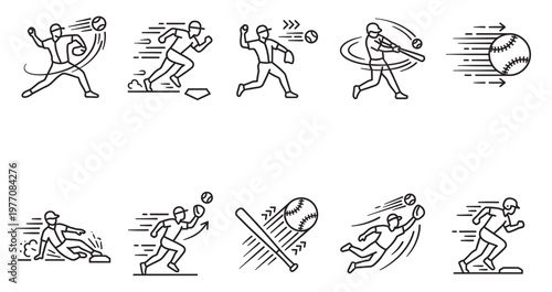 A clean, minimalist vector illustration set depicting various baseball game actions and players in motion, ideal for sports graphics.