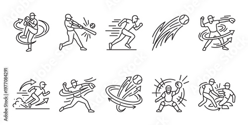 A collection of black and white line art icons depicting various baseball player actions like pitching, batting, running, and catching, with dynamic motion lines.