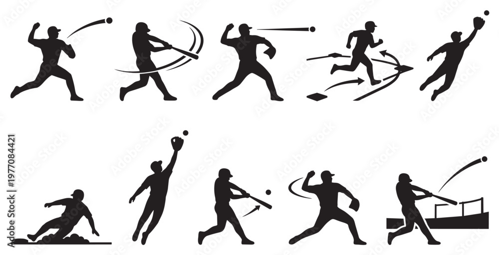 Fototapeta premium Collection of black silhouettes depicting various baseball actions like pitching, batting, running, and catching, ideal for sports graphics and design.