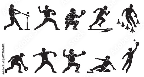 A set of black silhouette illustrations depict various baseball actions including batting, pitching, catching, running, and sliding.