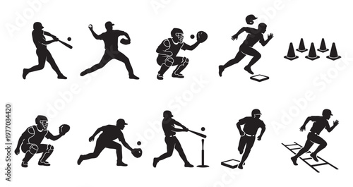 A collection of black silhouettes depicting various baseball actions, including batting, pitching, catching, and running, suitable for sports and training concepts.