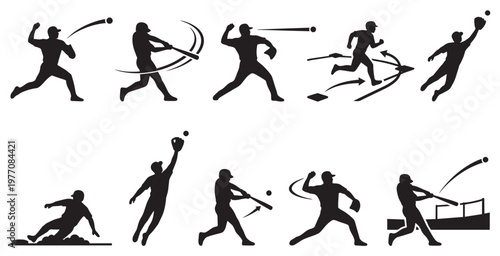 Collection of black silhouettes depicting various baseball actions like pitching, batting, running, and catching, ideal for sports graphics and design.