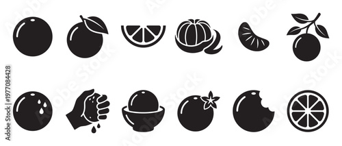 Collection of black citrus fruit icons in various forms, including whole, sliced, peeled, and squeezed, presented in a clean, graphic style