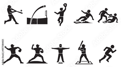 A collection of black and white silhouette icons depicting various baseball game actions and player positions, perfect for sports graphics.
