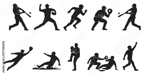A collection of black silhouettes depicts various baseball actions including batting, pitching, running, sliding, and catching on a white background.