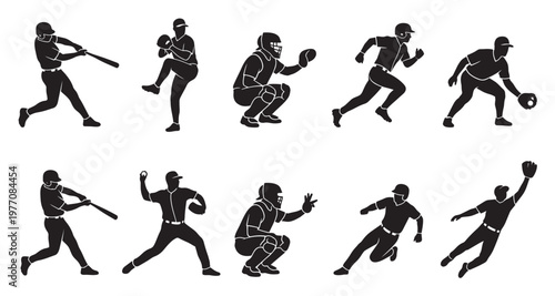 A collection of ten black silhouettes depicting various baseball player actions on a white background, including batting, pitching, catching, and running.
