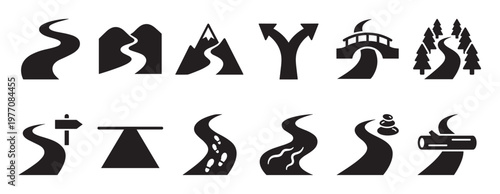 Collection of various black silhouette road and path icons illustrating different journeys and obstacles