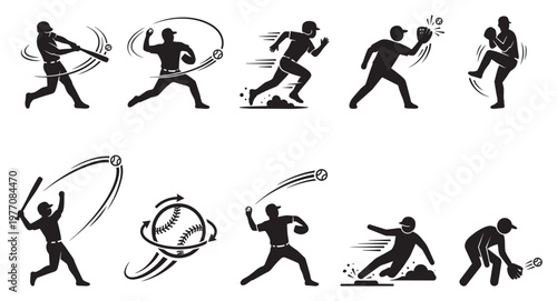 A collection of ten black and white silhouette icons depicting various dynamic actions in baseball, from pitching and batting to running and fielding.