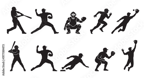 Collection of black silhouettes depicting various baseball player actions including batting, pitching, catching, running, and sliding on a white background.