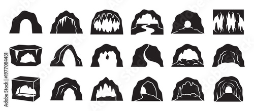 Various black cave and grotto icons with different rock formations and natural elements in a clean, graphic style
