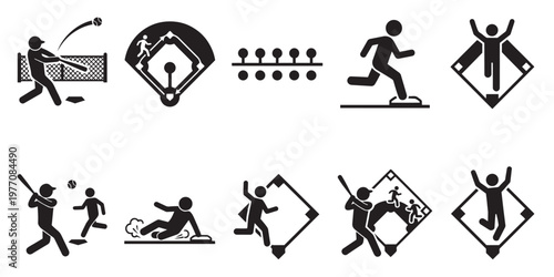 A collection of black and white pictogram icons illustrating various baseball game actions, including batting, pitching, running, sliding, and winning plays on a white background.
