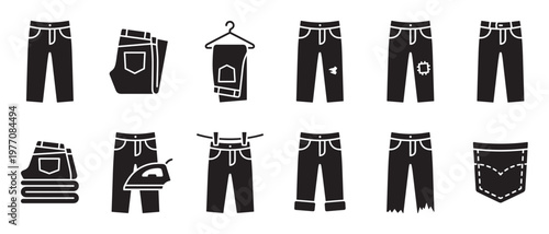 Various black denim jeans icons in different styles and conditions, including folded, ironed, patched, and ripped, presented in a clean graphic design