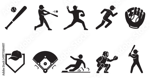 A collection of black silhouette icons depicting various baseball actions, equipment, and field elements, perfect for sports and recreation themes.