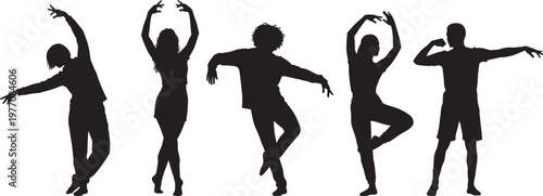 Black silhouette set of diverse people dancing in various expressive poses isolated on white background for performing arts, cad drawing flat vector illustration.