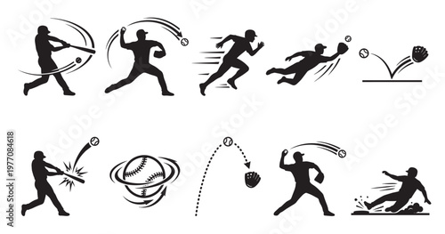 A collection of black silhouettes depicting dynamic baseball actions like pitching, hitting, running, catching, and sliding.