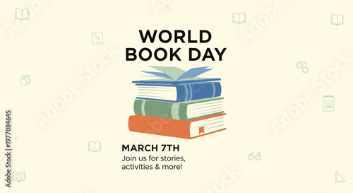 World Book Day celebration with stacked books.