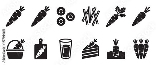 Collection of black silhouette carrot icons depicting various forms including whole, sliced, sticks, and prepared items