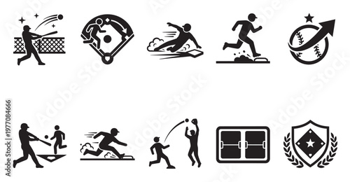 Collection of black silhouette icons representing various baseball actions and elements, including batting, pitching, sliding, running, and winning awards.
